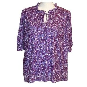 Draper James Lilac Purple Floral Short Sleeve Top Ruffle Neck Sz XL Cottagecore